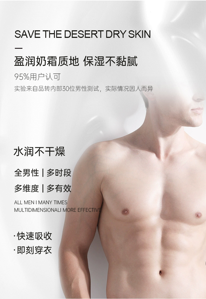 盈潤奶霜質(zhì)地，保濕不粘膩，獲得95%用戶認(rèn)可，實(shí)驗(yàn)來自品轉(zhuǎn)內(nèi)部30位男性測試，實(shí)際情況因人而異